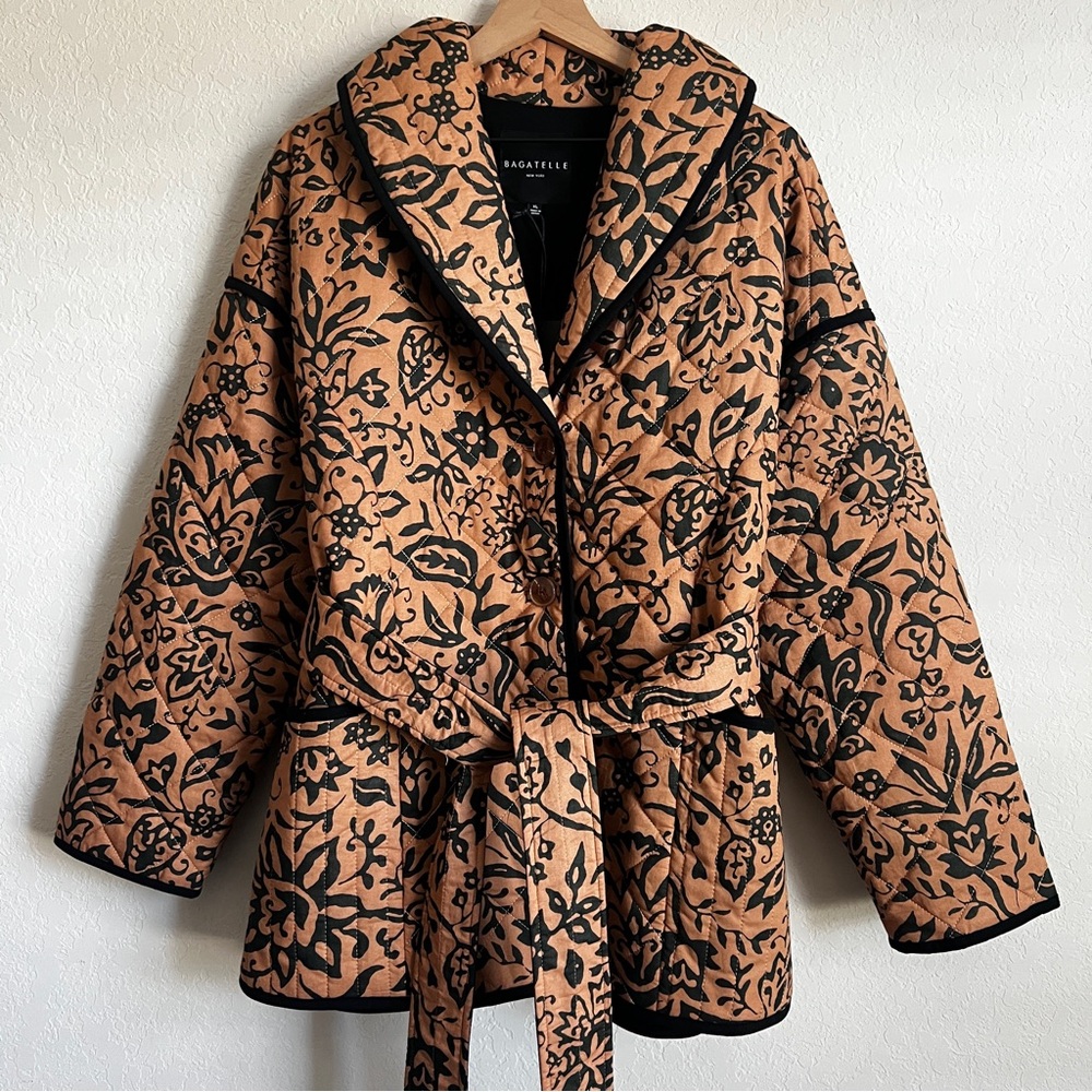BAGATELLE Quilted Jacket Button Tie Belt Floral Black Camel XL NWT - Picture 12 of 12
